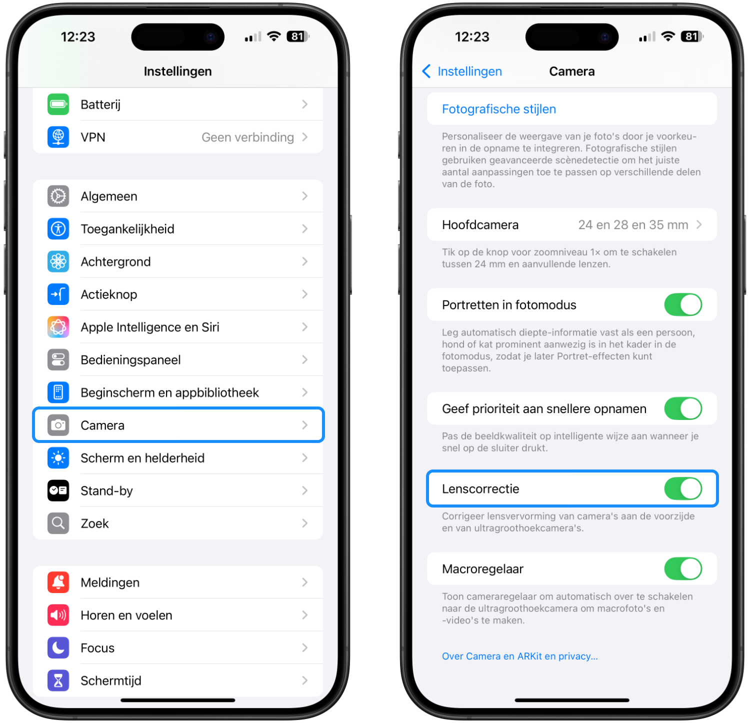 Lenscorrectie inschakelen op de iPhone-camera