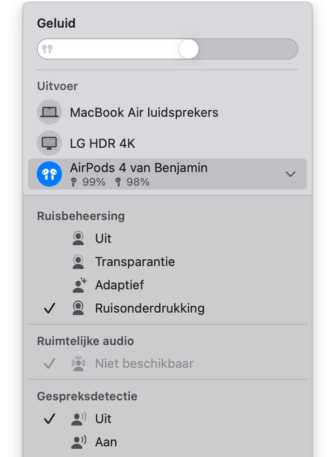 Ruisonderdrukking op AirPods op de Mac inschakelen