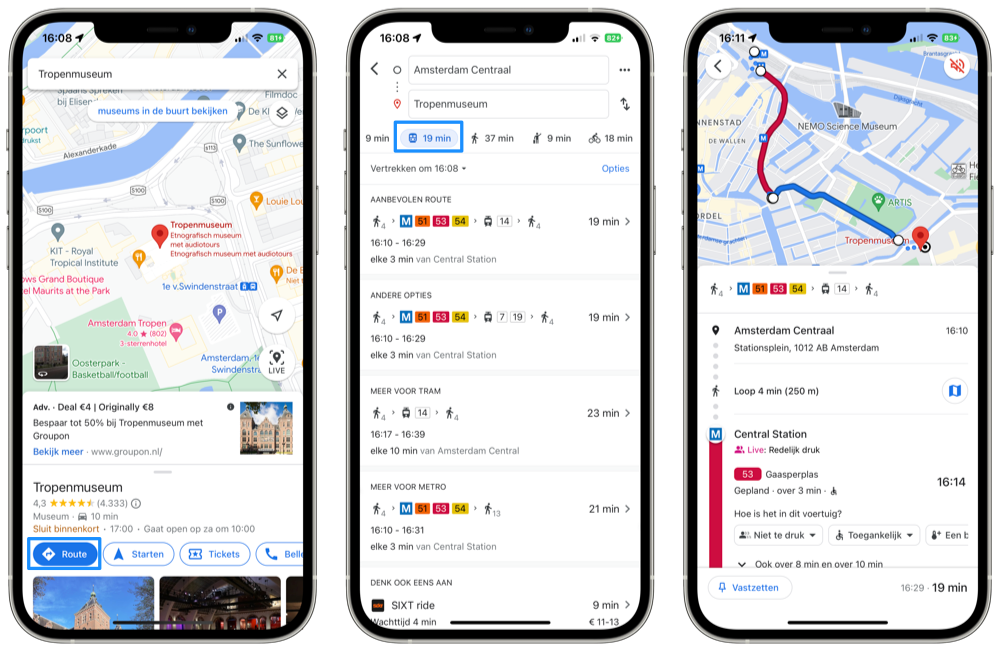Ziek persoon vieren bevestigen OV-route opvragen in Google Maps voor iPhone